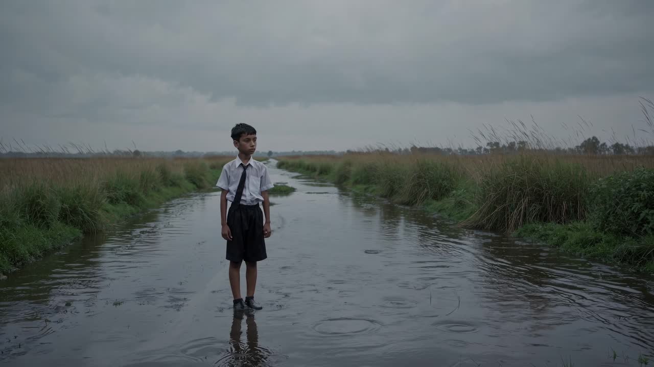 Young boy stands in shallow water on a rural path, surrounded by tall grass and overcast skies, capturing a moment of contemplation and connection with nature