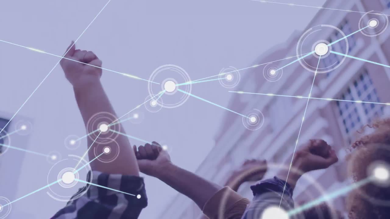 Animation of network of connections over diverse people raising hands