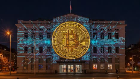 illuminated bitcoin projection on building facade showcasing digital currency artistry with neon circuit patterns at night