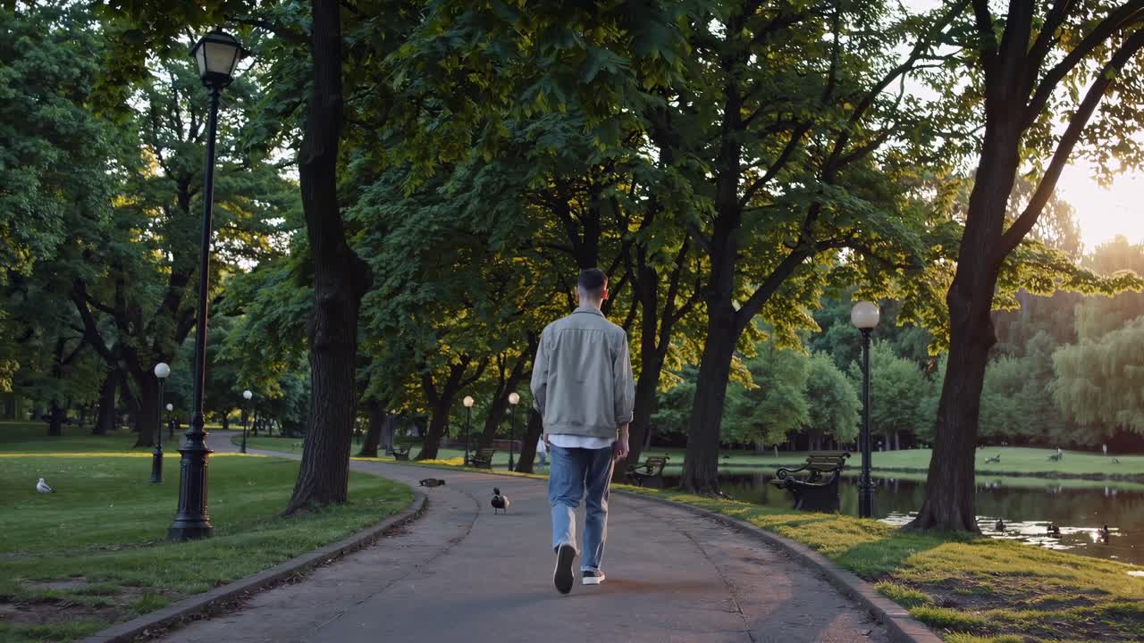 A serene video scene of a person walking in a park, captured from behind at eye level