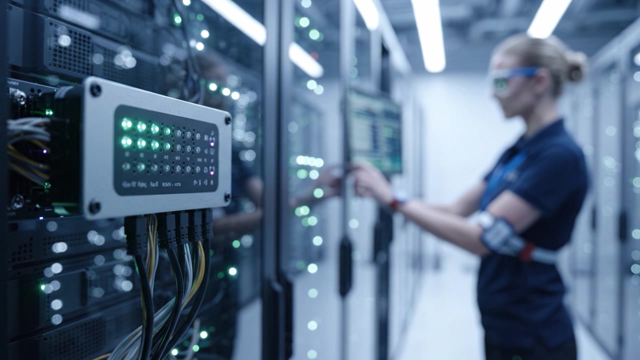 A technician monitoring data servers in a high-tech server room, showcasing advanced technology and efficient server management in a modern infrastructure environment.