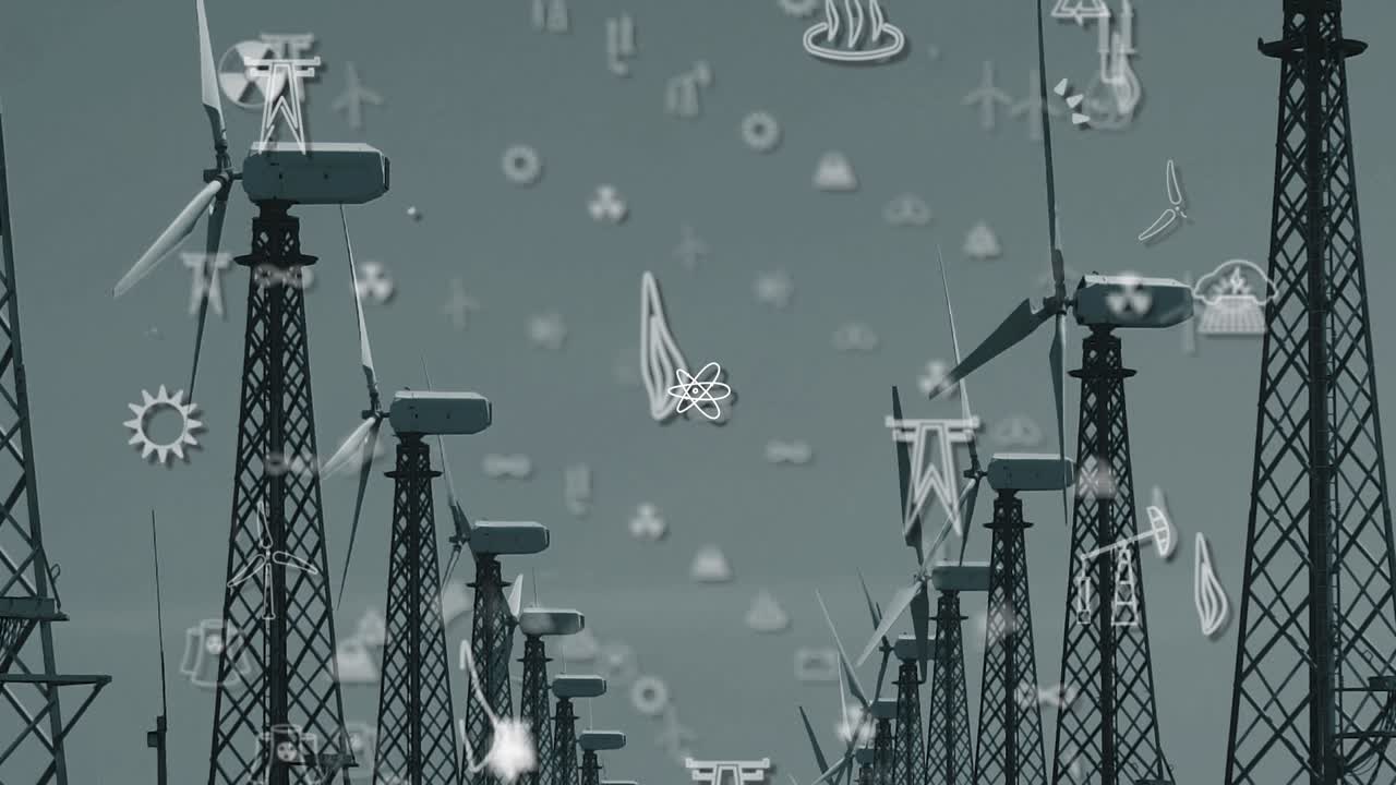 에너지 다양성의 테마: 풍력 터빈의 어두운 배경에 에너지 영역의 아이콘