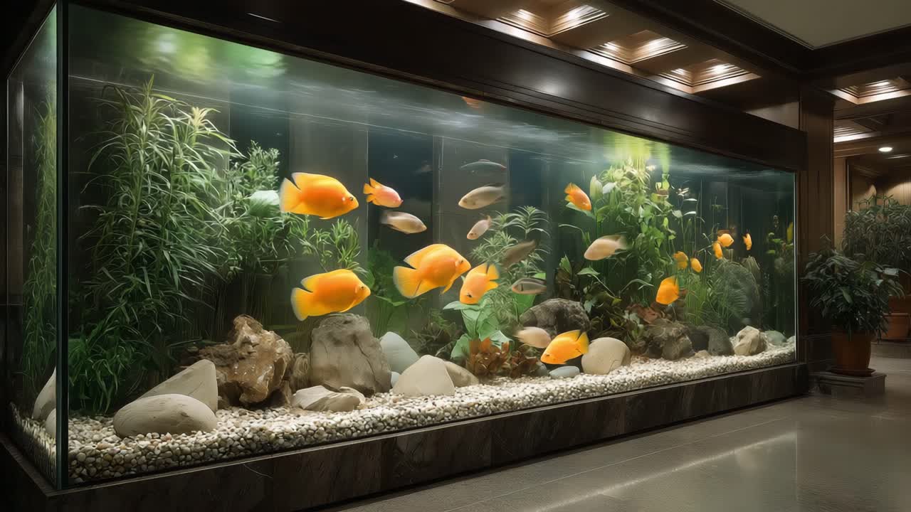 Sebuah akuarium dalam ruangan besar dengan ikan dan tanaman tropis