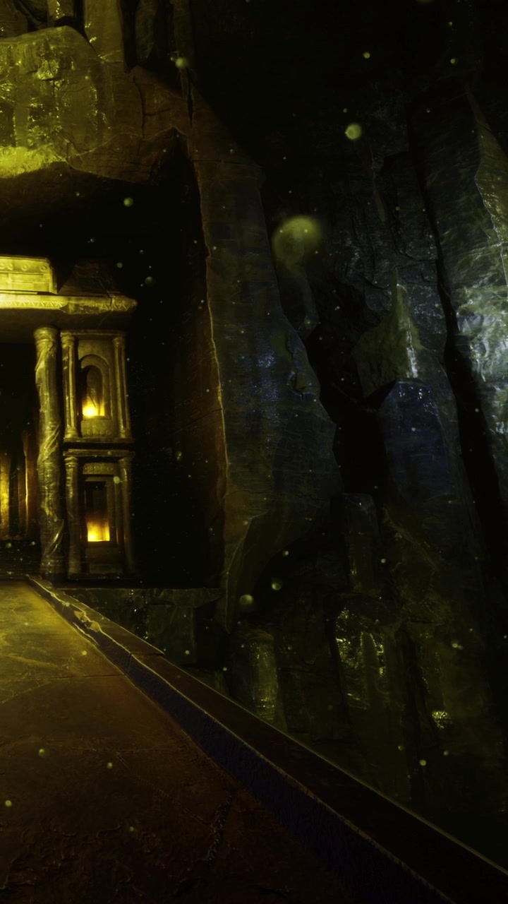 Exploração de uma caverna subterrânea com características luminosas e artefatos antigos