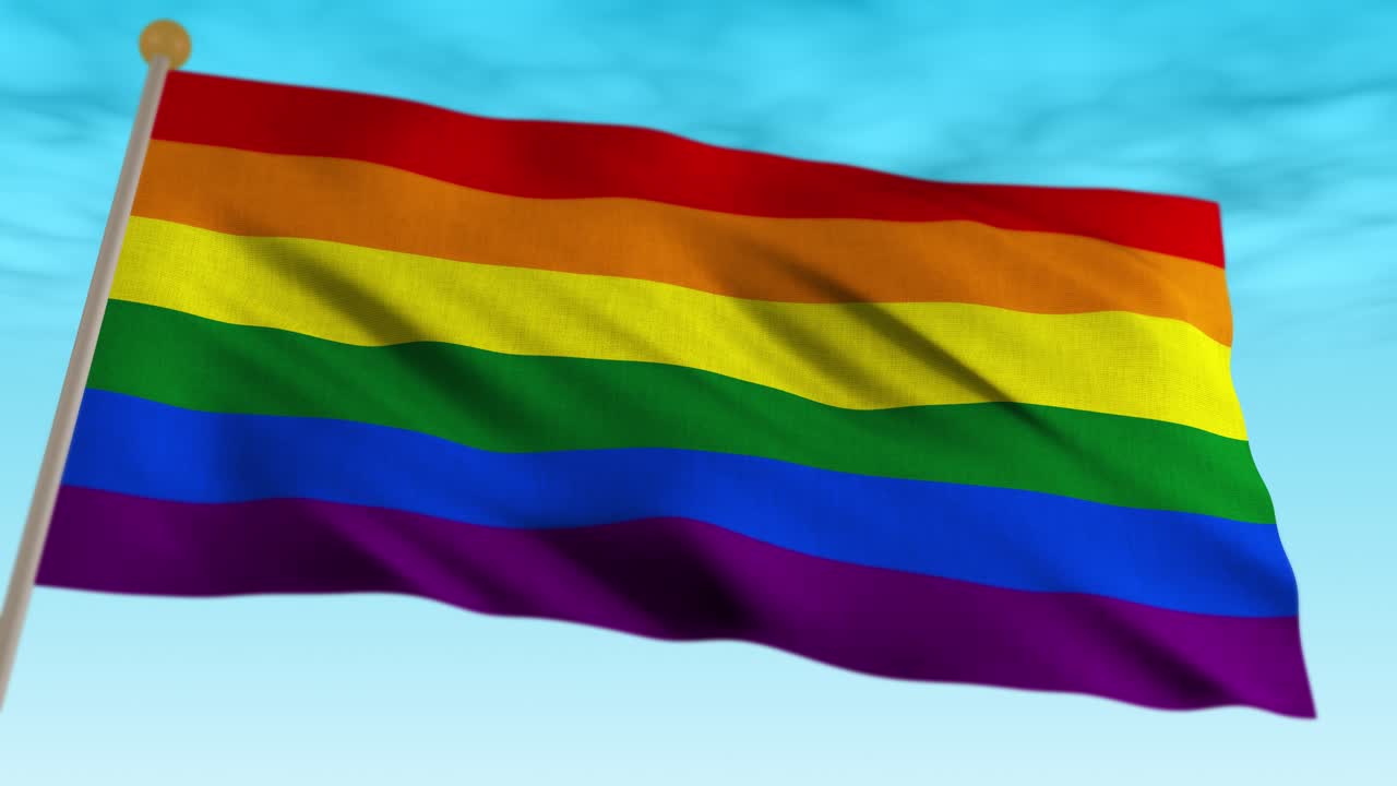 Sömlös loop av den regnbågsfärgade HBTQ-stolthetsflaggan som vajar. Högkvalitativ 3D-renderad animation som representerar gay pride, mångfald, jämlikhet och mänskliga rättigheter.