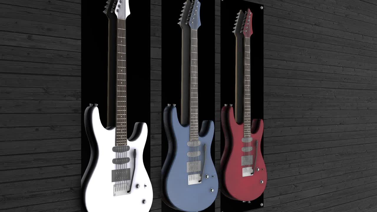 Three Electric Guitars Hanging on a Wooden Wall