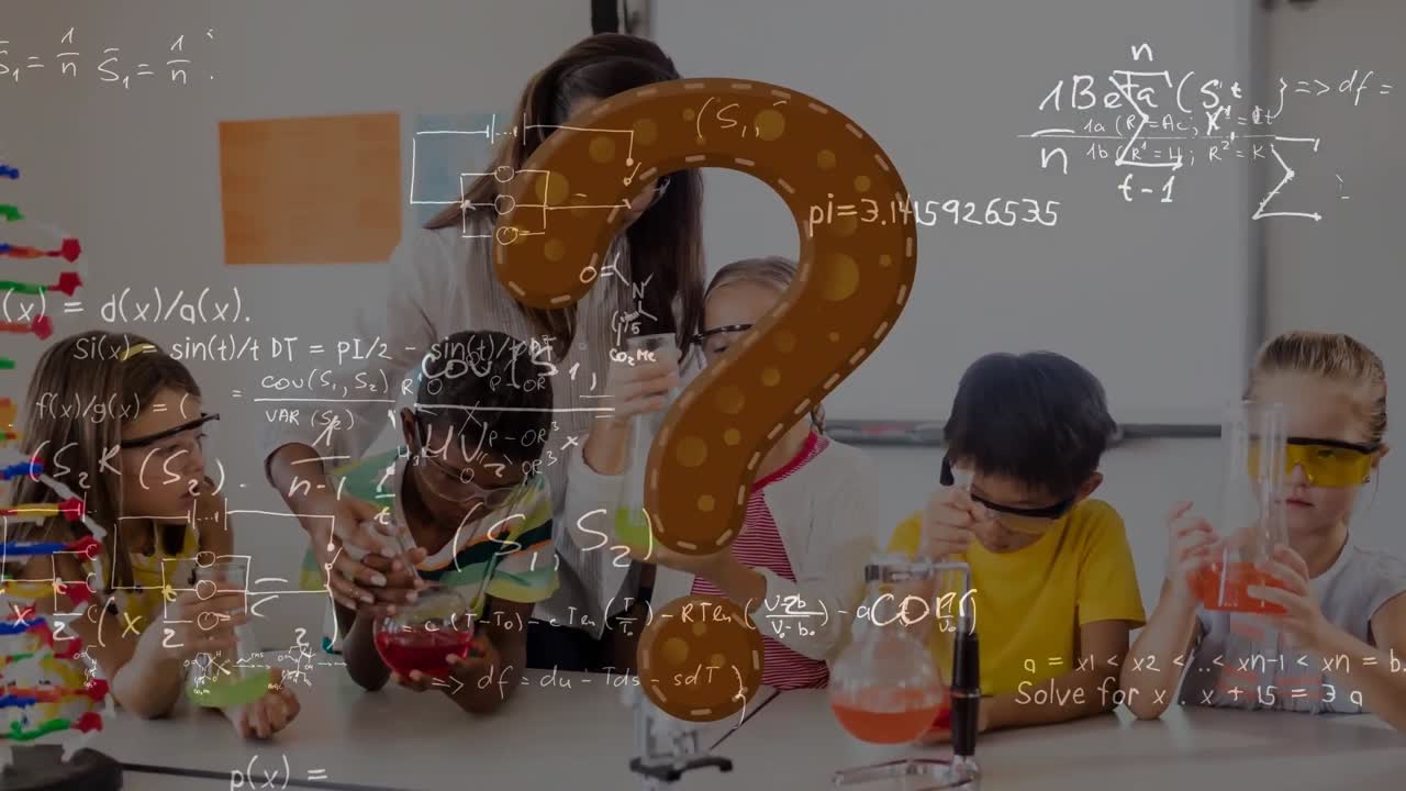 Animation of question mark and mathematical formulas over students and teacher