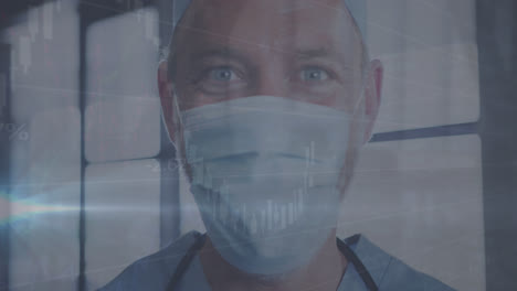 animation of data processing and globe over caucasian male surgeon wearing face mask