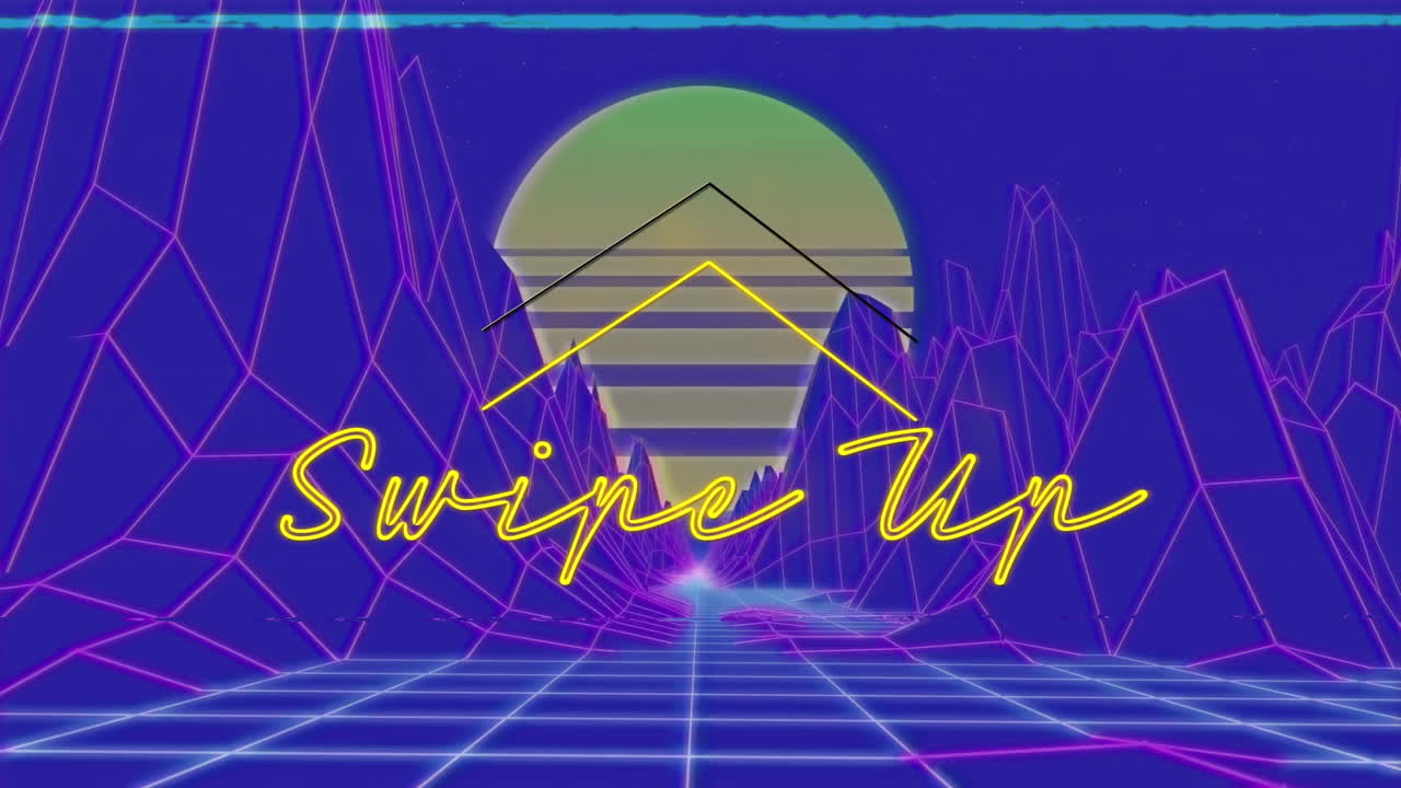 태양에 대항하여 산 사이를 움직이는 화살표로 텍스트를 위로 스와이프하는 애니메이션