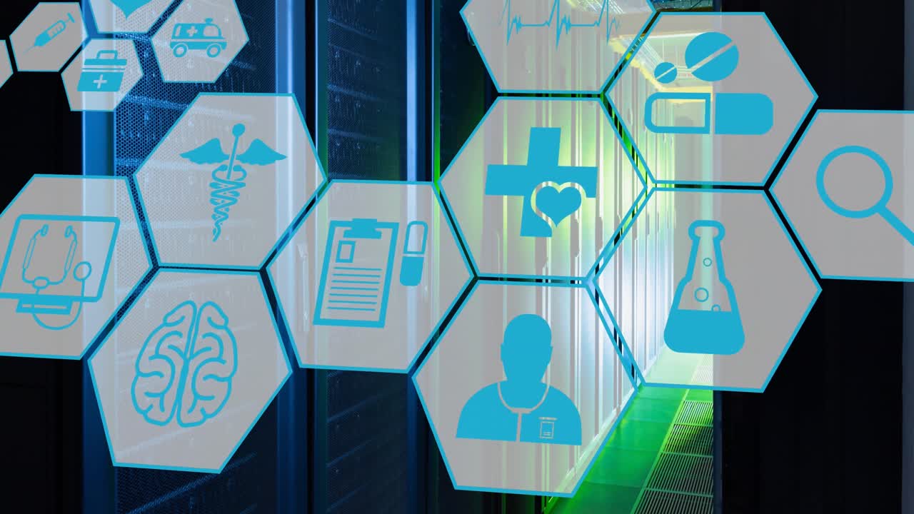 animación de múltiples iconos médicos contra la habitación del servidor de la computadora