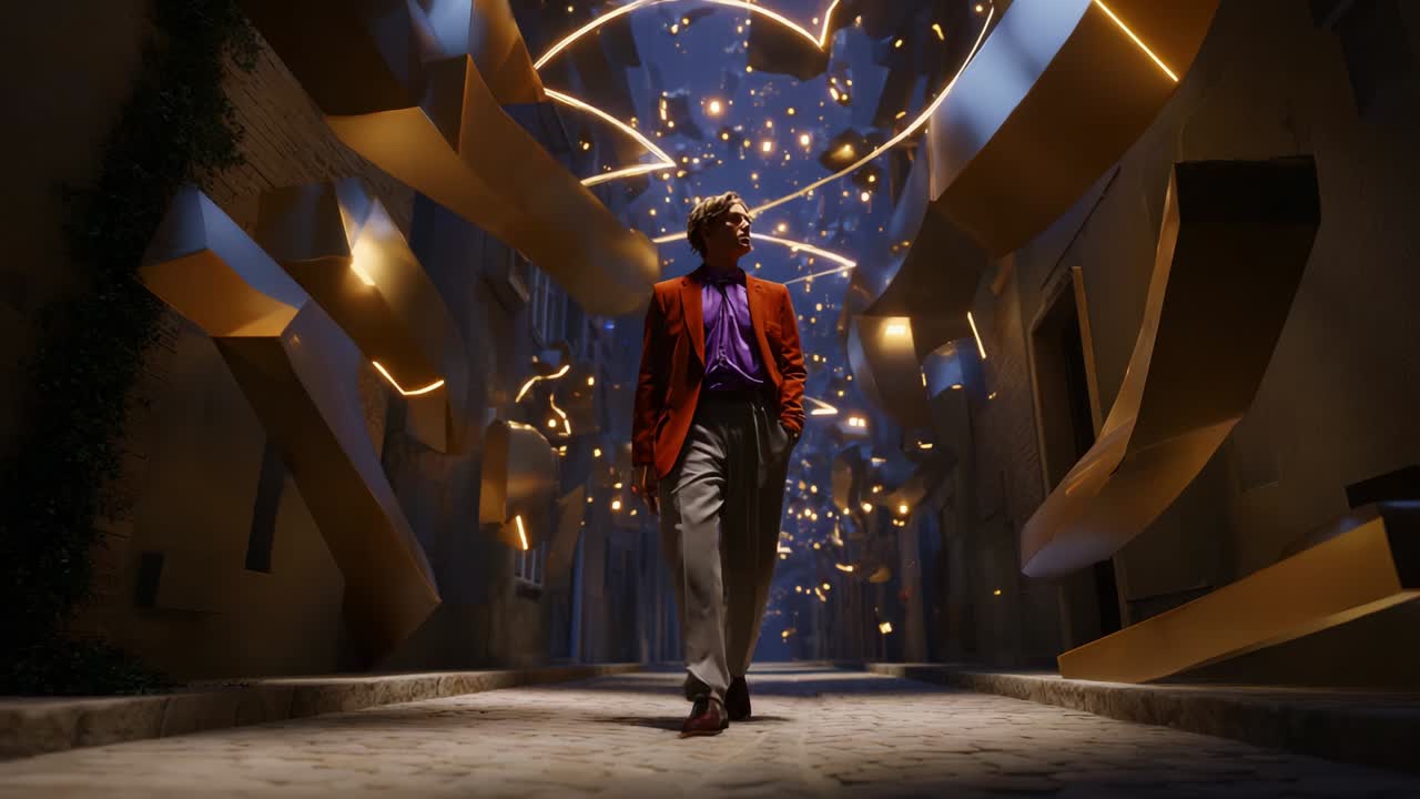 A lone figure strolls through a mesmerizing alleyway adorned with glowing light patterns and abstract floating shapes, creating an ethereal ambiance that blends reality and imagination, resulting in a captivating visual experience