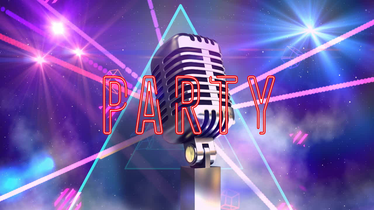 빛의 반 ⁇ 이는 반점 위에 부분 텍스트와 레트로 마이크의 애니메이션