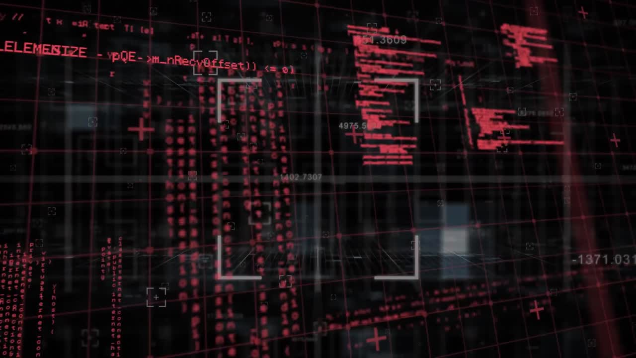 animación de la red de cuadrícula y escaneo de alcance sobre el procesamiento de datos contra un fondo negro