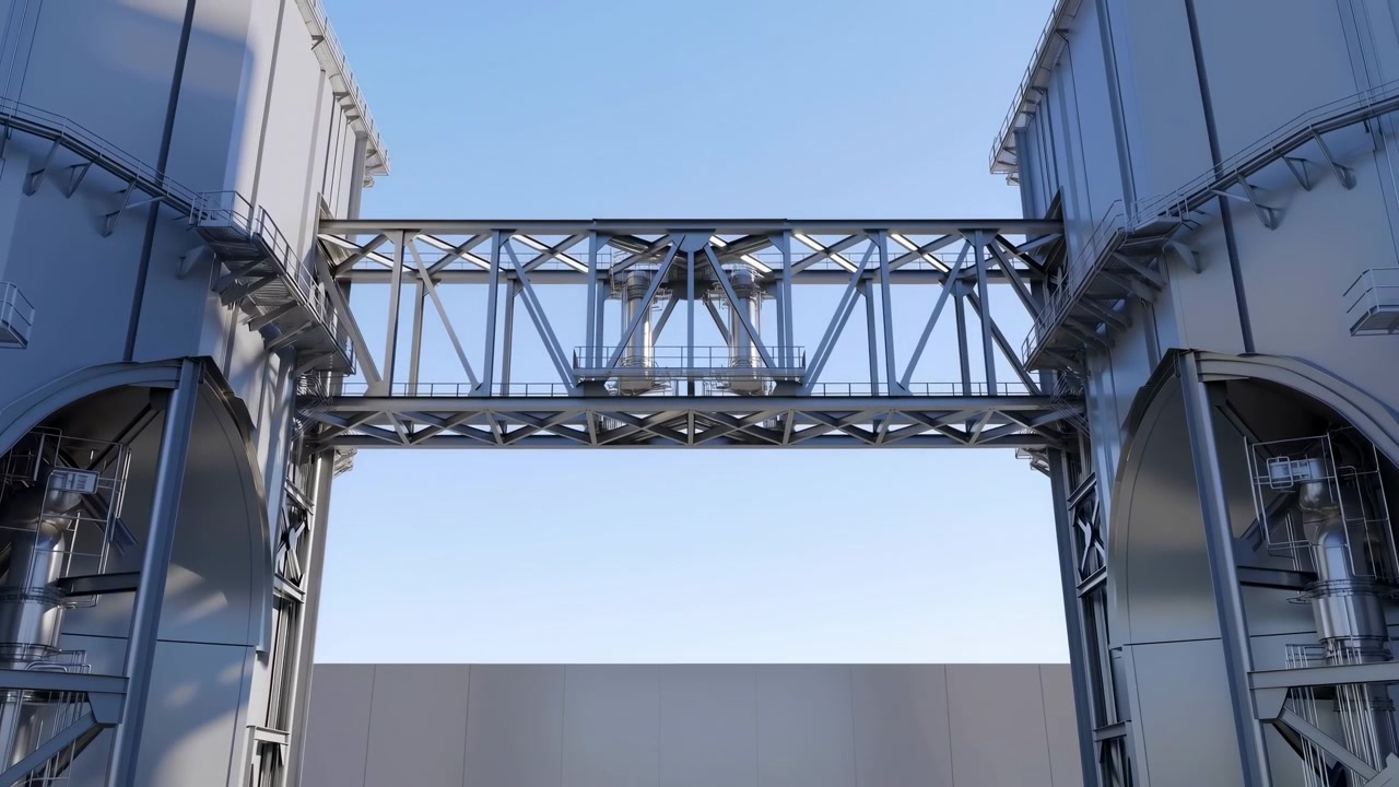 Low upward view of industrial steel truss bridge linking two tall silo towers, showing grated maintenance walkway, railings, support beams, and compact platform against clear blue sky, with strong