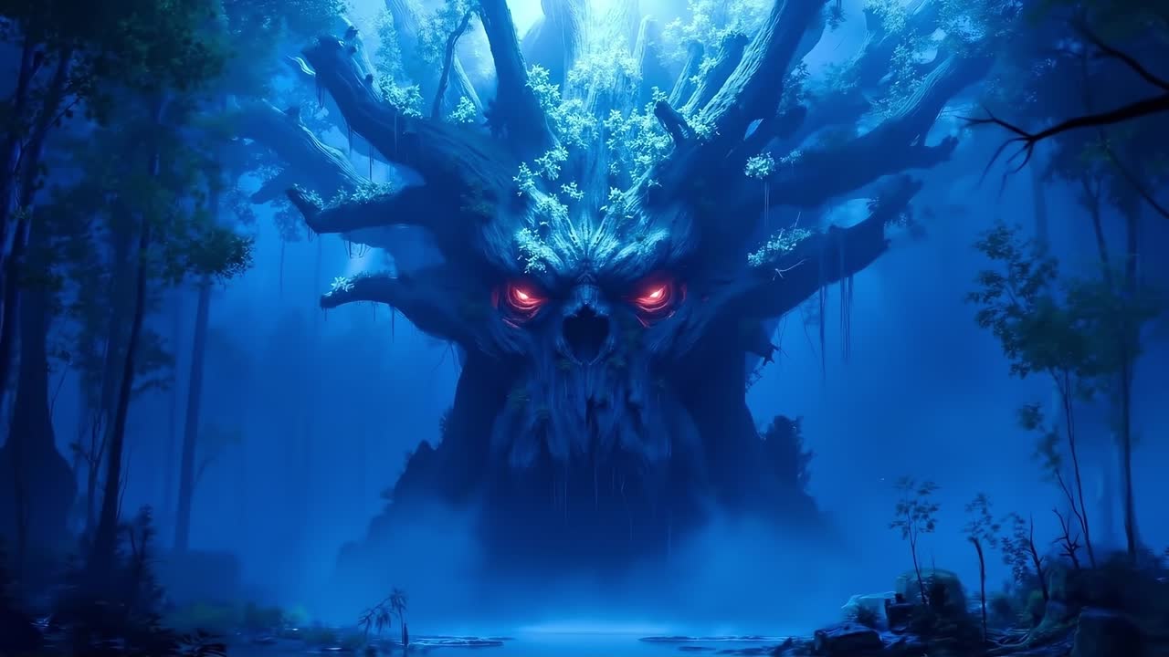 A tree with red eyes in the middle of a forest