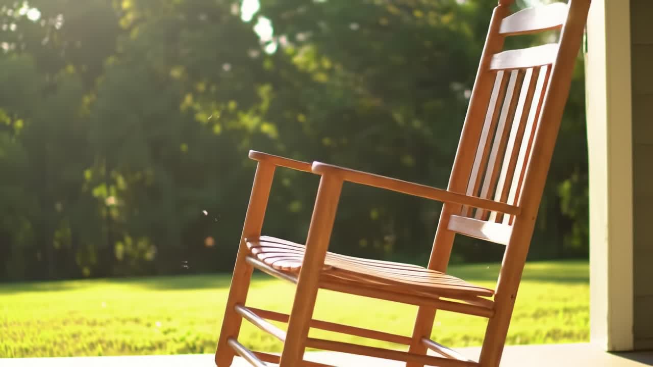 A wooden rocking chair gently sways in the warm sunlight surrounded by lush greenery. The serene atmosphere invites tranquility and relaxation. Perfect for unwinding.