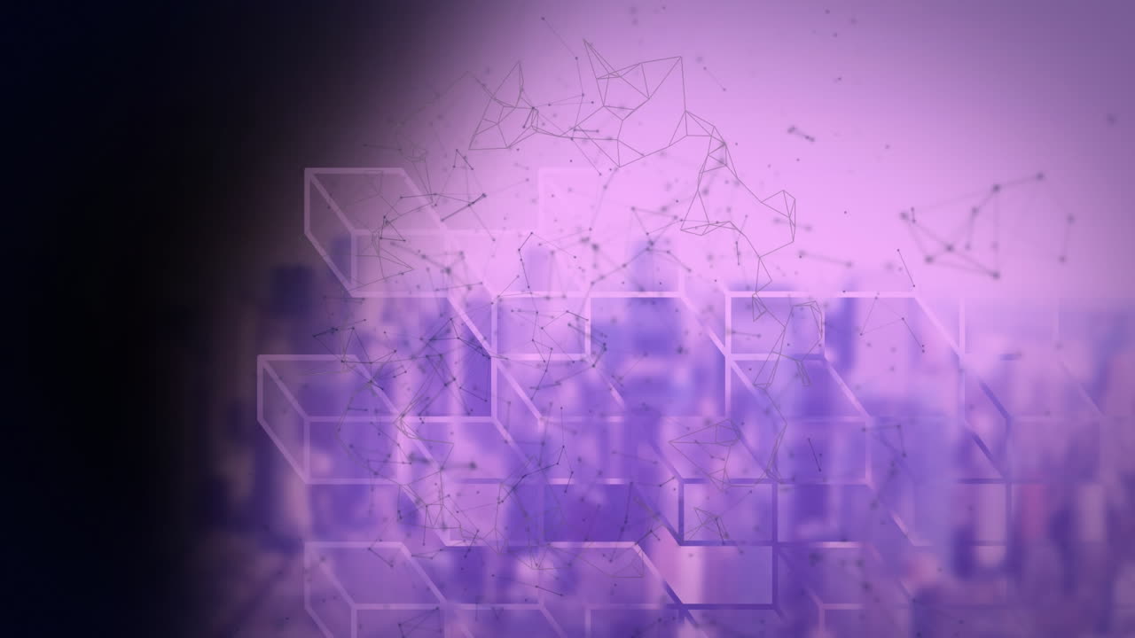 animación de red giratoria y bloques apilados sobre el paisaje urbano púrpura