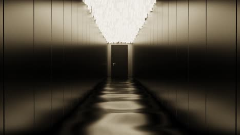 A dark hallway with a door at the end and a light fixture in the ceiling