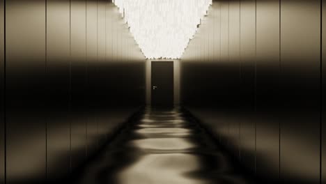 a dark hallway with a door at the end and a light fixture in the ceiling