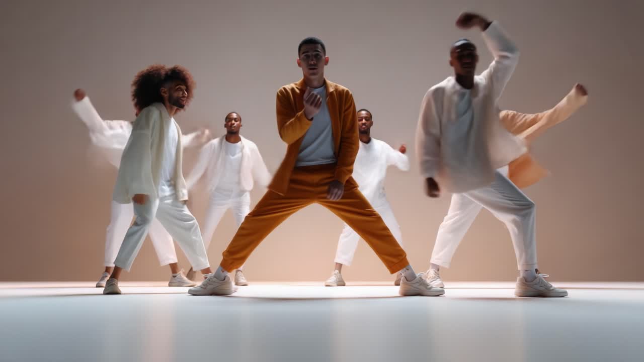 Dynamic Group Dance Performance Merging Fluid Movements and Coordinated Choreography, Highlighting Individual Expressions Within a Unified Ensemble Set Against a Minimalistic Background