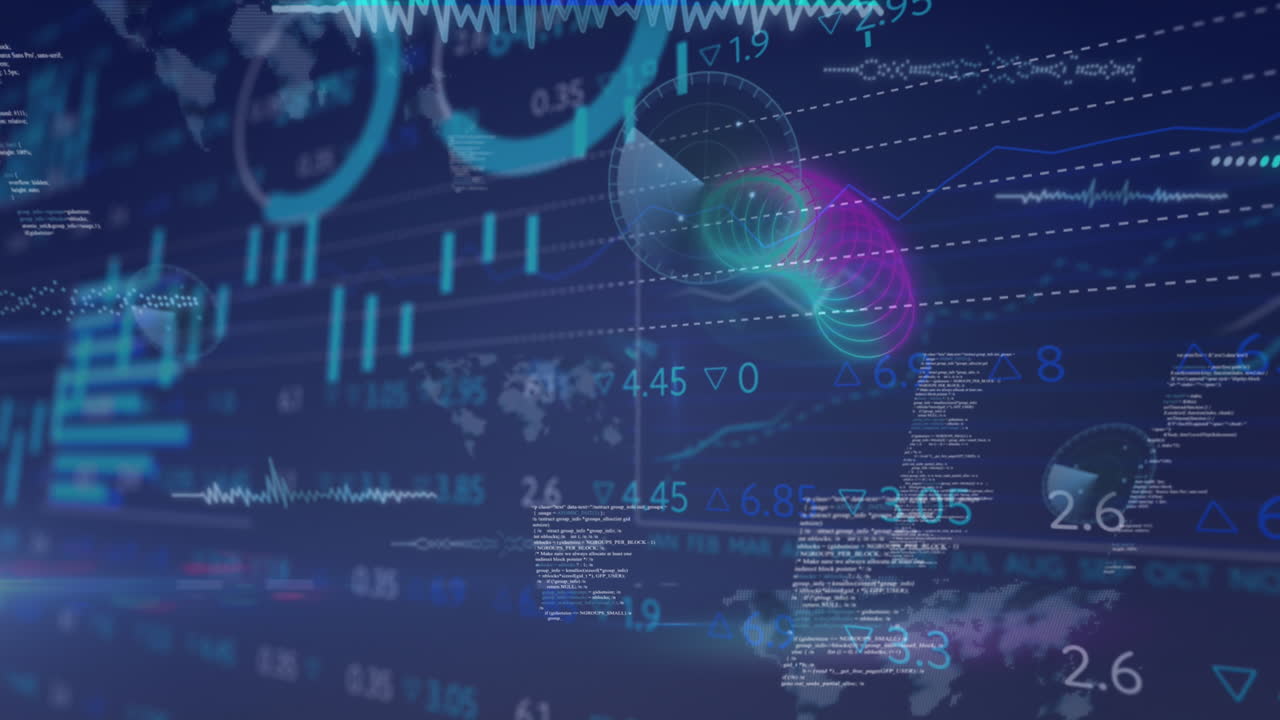 animación de la forma de espiral de neón que se mueve contra el procesamiento de datos del mercado de valores en fondo azul