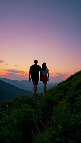 couple walks uphill towards sunset in mountains