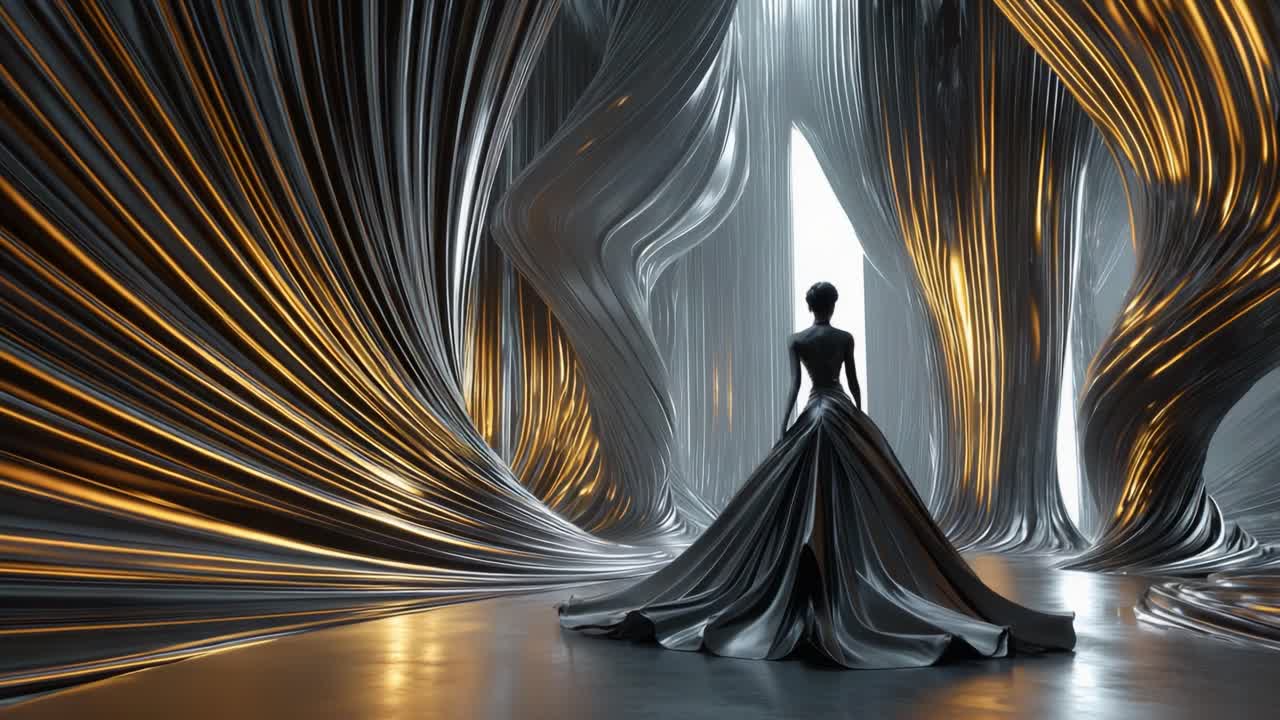 A stunning figure stands in a captivating, abstract landscape of flowing fabric-like textures, merging elegance and art in a surreal, illuminated environment that mesmerizes the viewer