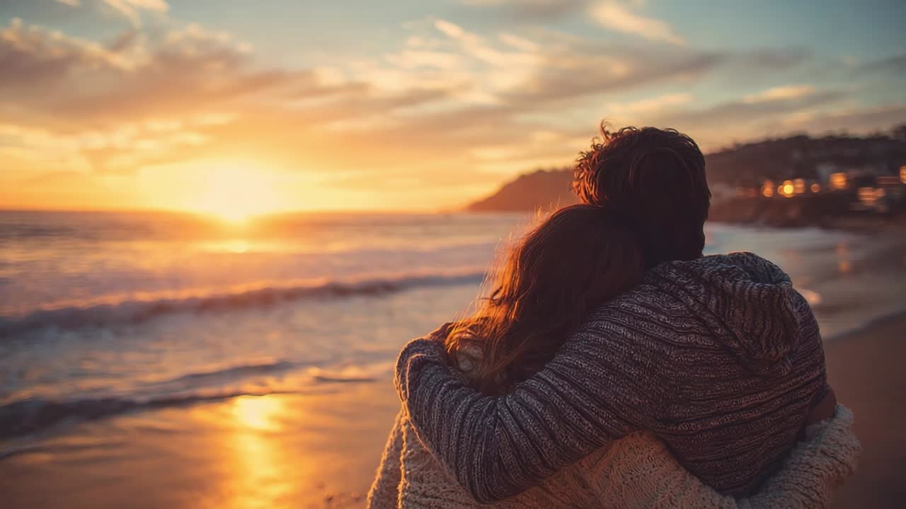 Couple embraces while watching sunset on a beach during golden hour