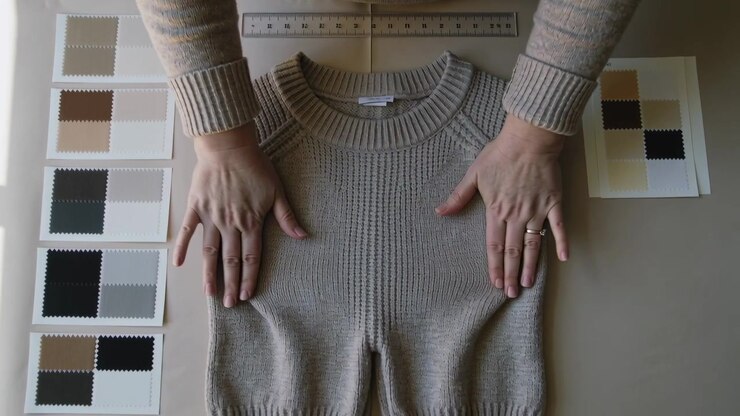 Person in knit top smoothing beige knit on mat after ruler placement for inspection with swatches