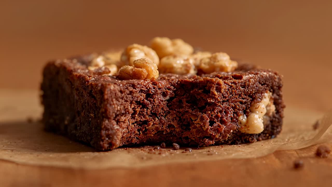 Messa a fuoco della fotocamera su un brownie al cioccolato centrato su carta, evidenziando la parte anteriore morsa e le noci