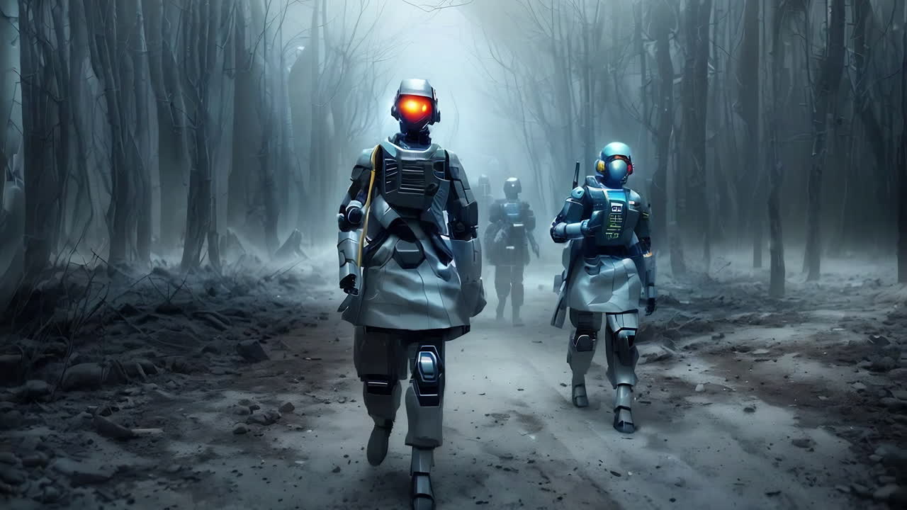 Futuristic Robots in a Foggy Forest