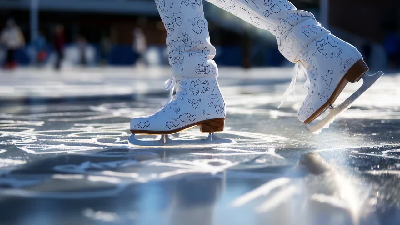 Graceful Gliding on Ice: A Skater's Journey Captured in Motion with Artistic White Boots Showcasing Creative Designs on the Ice Rink Surface