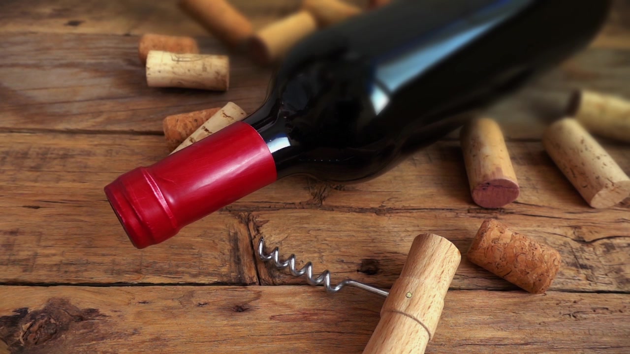 Botellas de vino sobre una antigua tabla de madera vintage y corchos cayendo. En cámara lenta.