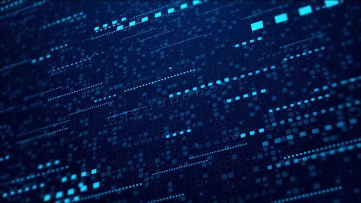 Immagine astratta di griglia di pixel blu con tessere quadrate a strati, barre dati luminose e profondo focus digitale