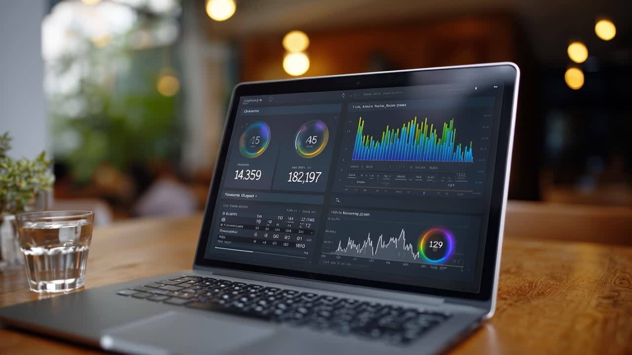 Dynamic Data Analysis on a Laptop Displaying Colorful Graphs and Metrics in a Modern Workspace Setting with Soft Lighting and a Glass of Water Nearby