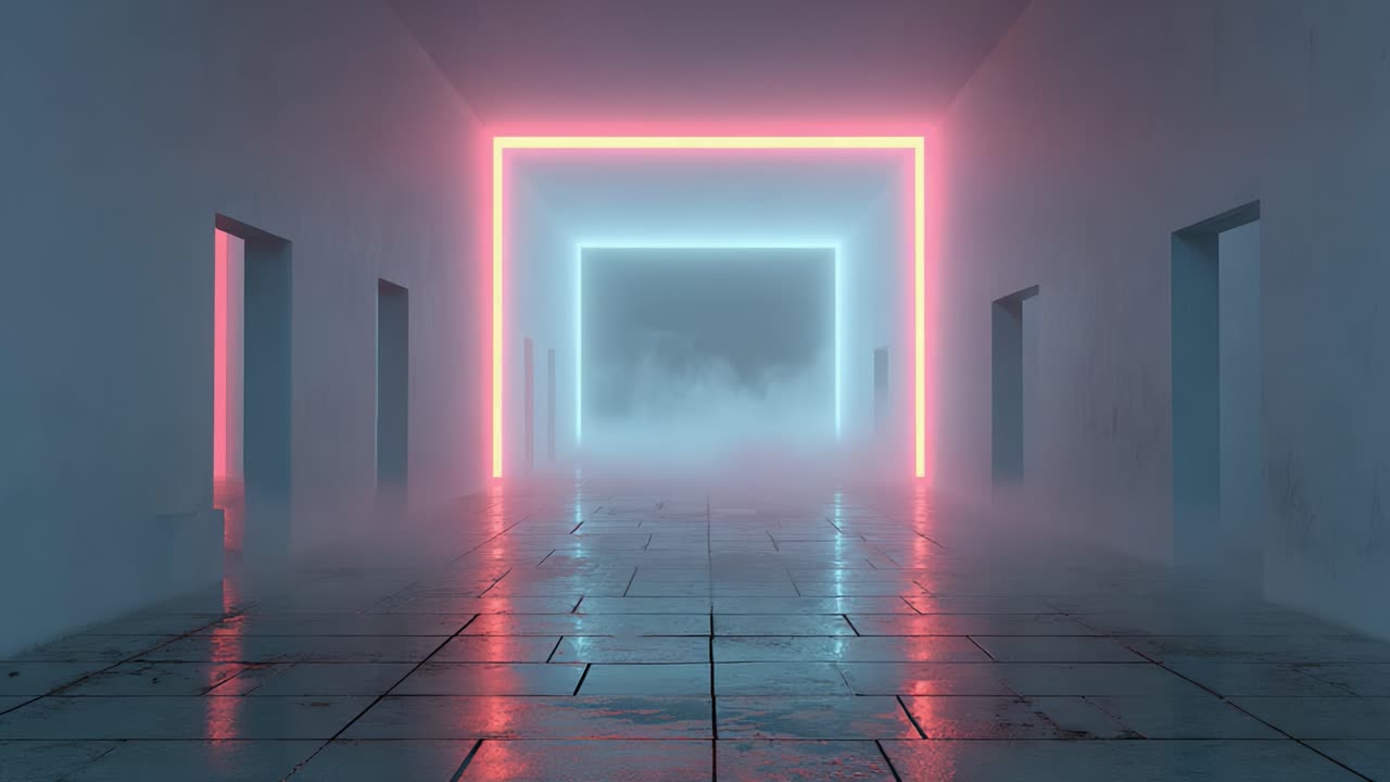 A Surreal Corridor with Neon Lights and Mist, Leading to a Mysterious Gateway, Invoking a Sense of Depth and Intrigue