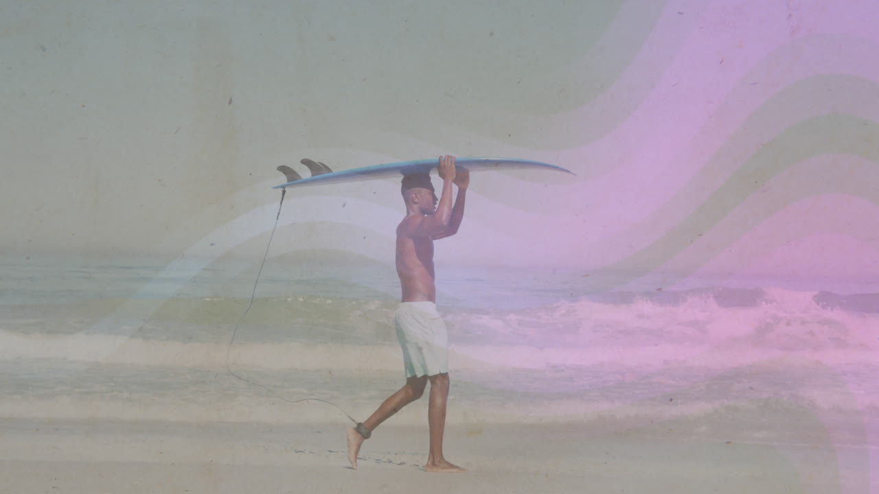 Male surfer carrying surfboard along beach, showing marketing analytics with floating chart icons