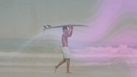 male surfer carrying surfboard along beach, showing marketing analytics with floating chart icons