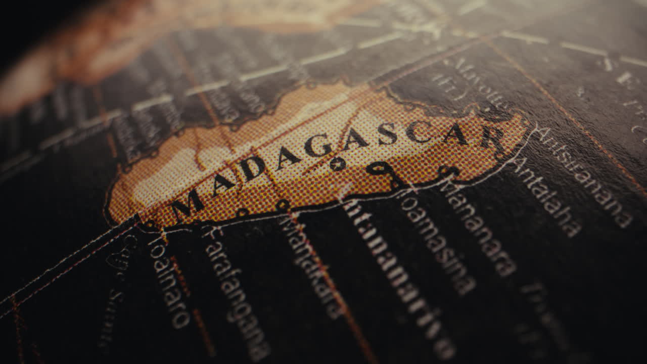 Close-up of Madagascar on a vintage world globe map