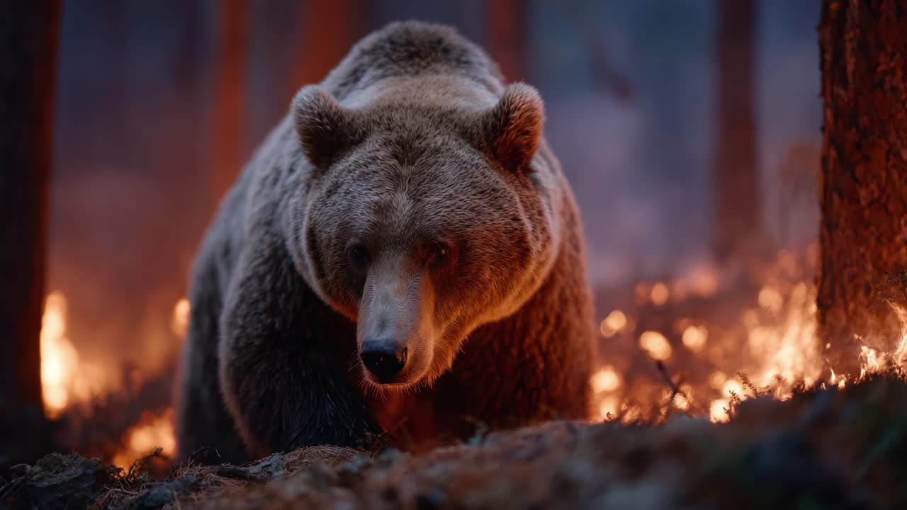 En grizzlybjørn dukker opp fra flammene: Den majestetiske skapningen navigerer gjennom et brennende skoglandskap med intensitet og kraft