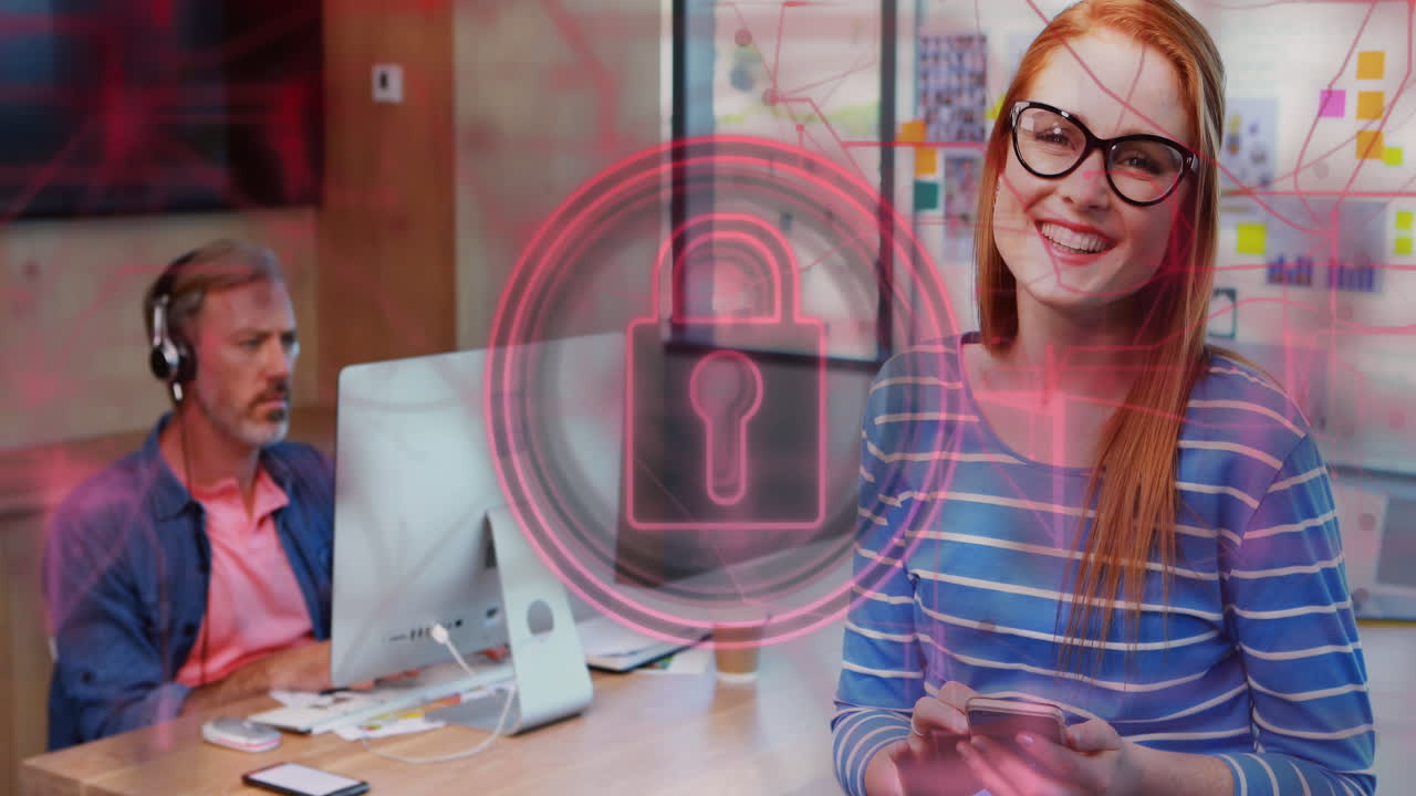 animación de candado en círculos y patrón de navegación sobre mujer caucásica usando teléfono inteligente