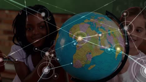 Animation-of-network-of-connections-over-three-diverse-girls-touching-a-globe-model-at-school