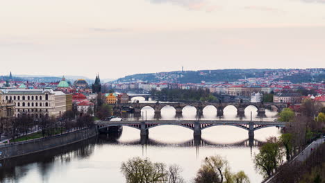 timelapse of bridges in prague, czech republic, zoom out view