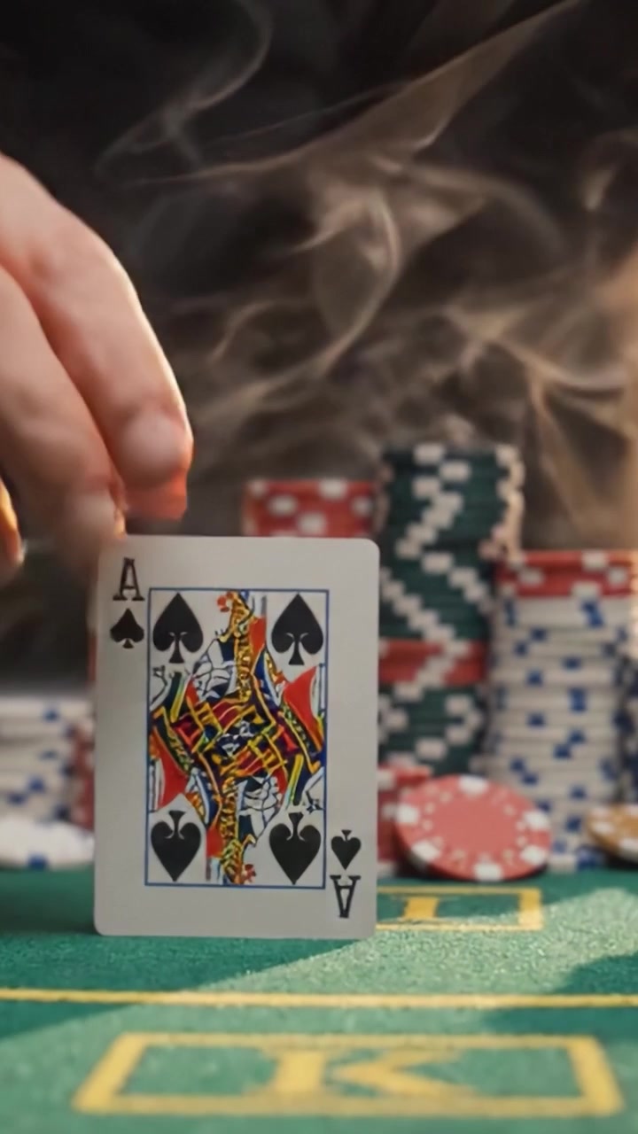 Una partita a carte ad alto rischio: la tensione cresce mentre i giocatori elaborano strategie con fiches da poker e semi di carte tra fumo e attesa.