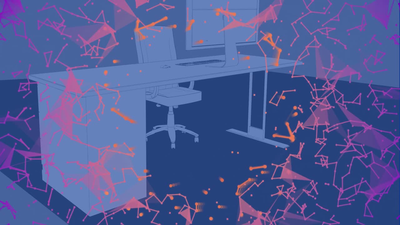 animación de redes de plexus sobre modelo de oficina 3d contra un fondo azul.