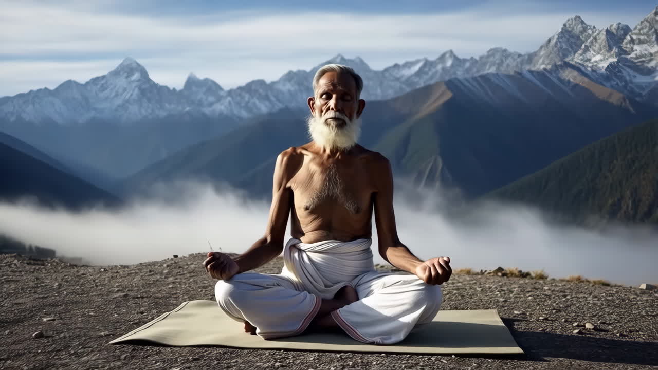 Uomo anziano che medita in montagna