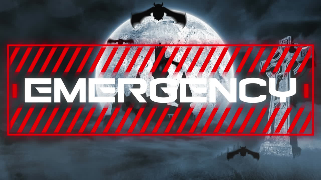 animación de texto de advertencia de emergencia, sobre murciélagos, cementerio y luna