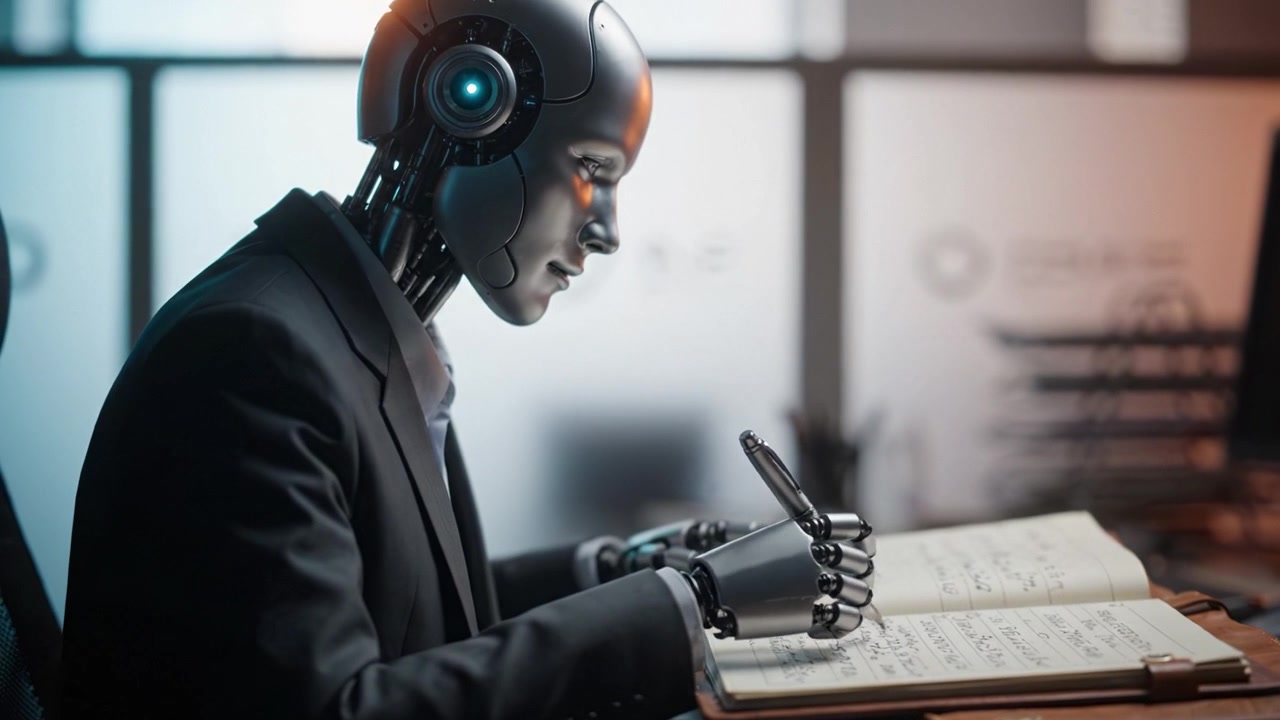 Futuristic Robot in Business Attire Writing in Notebook, Showcasing Advanced AI Technology and Human-Machine Interaction in an Office Environment