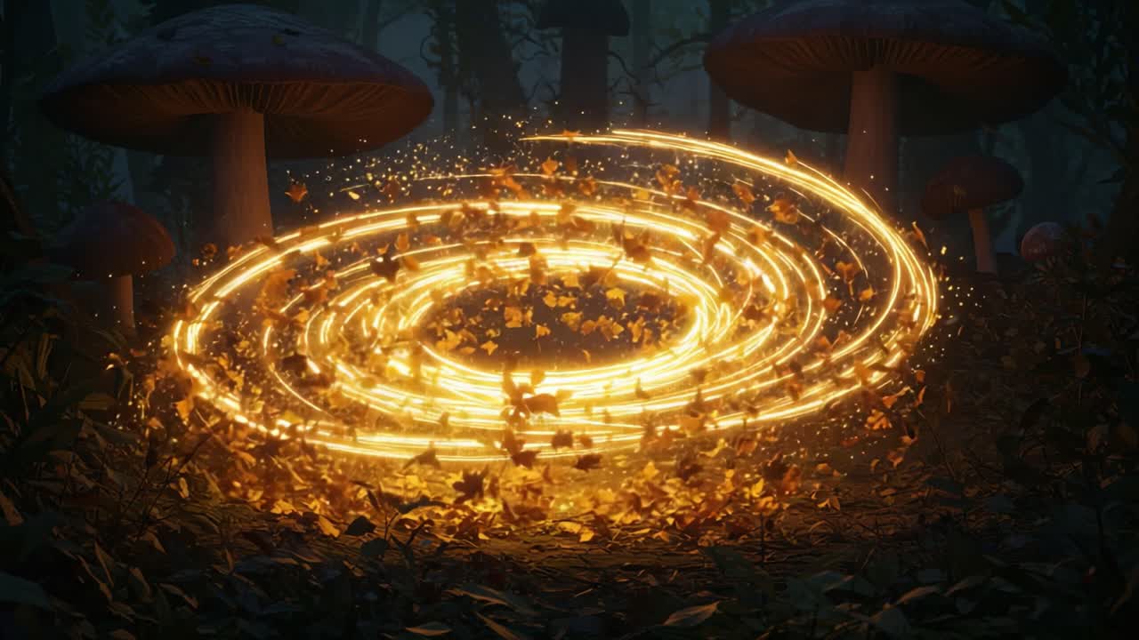 A Mystical Glow: Enchanting Swirls of Light in a Magical Forest Surrounded by Majestic Mushrooms and Whispers of Nature's Secrets