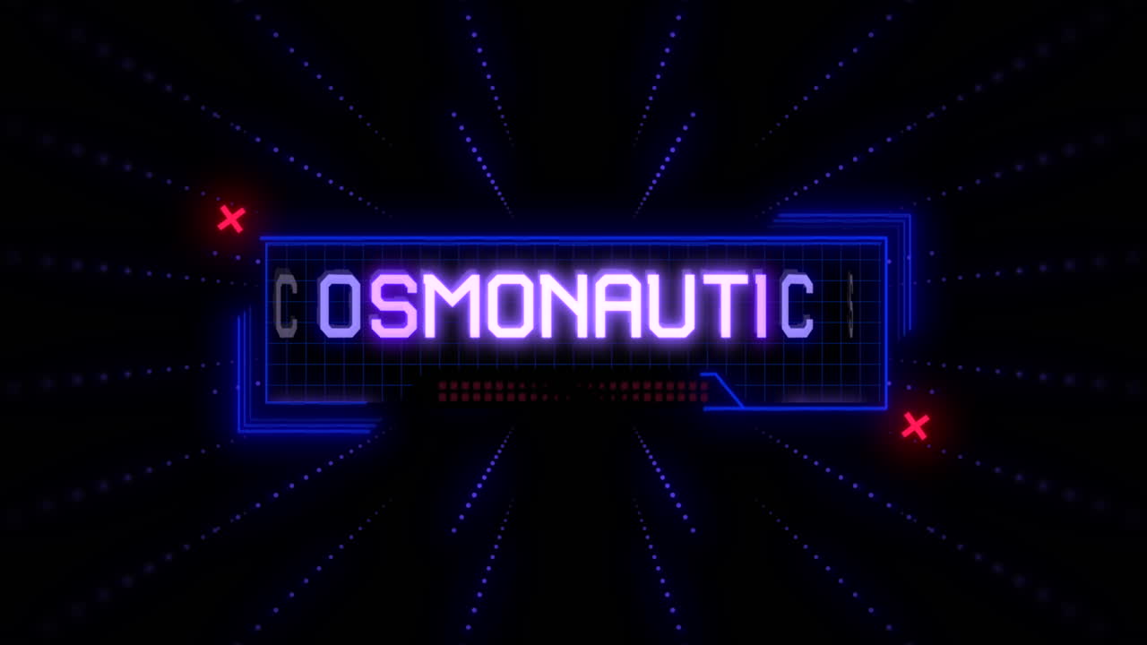 el signo de neón moderno ilumina el día de la cosmonautica en una fuente futurista en el fondo de la cuadrícula